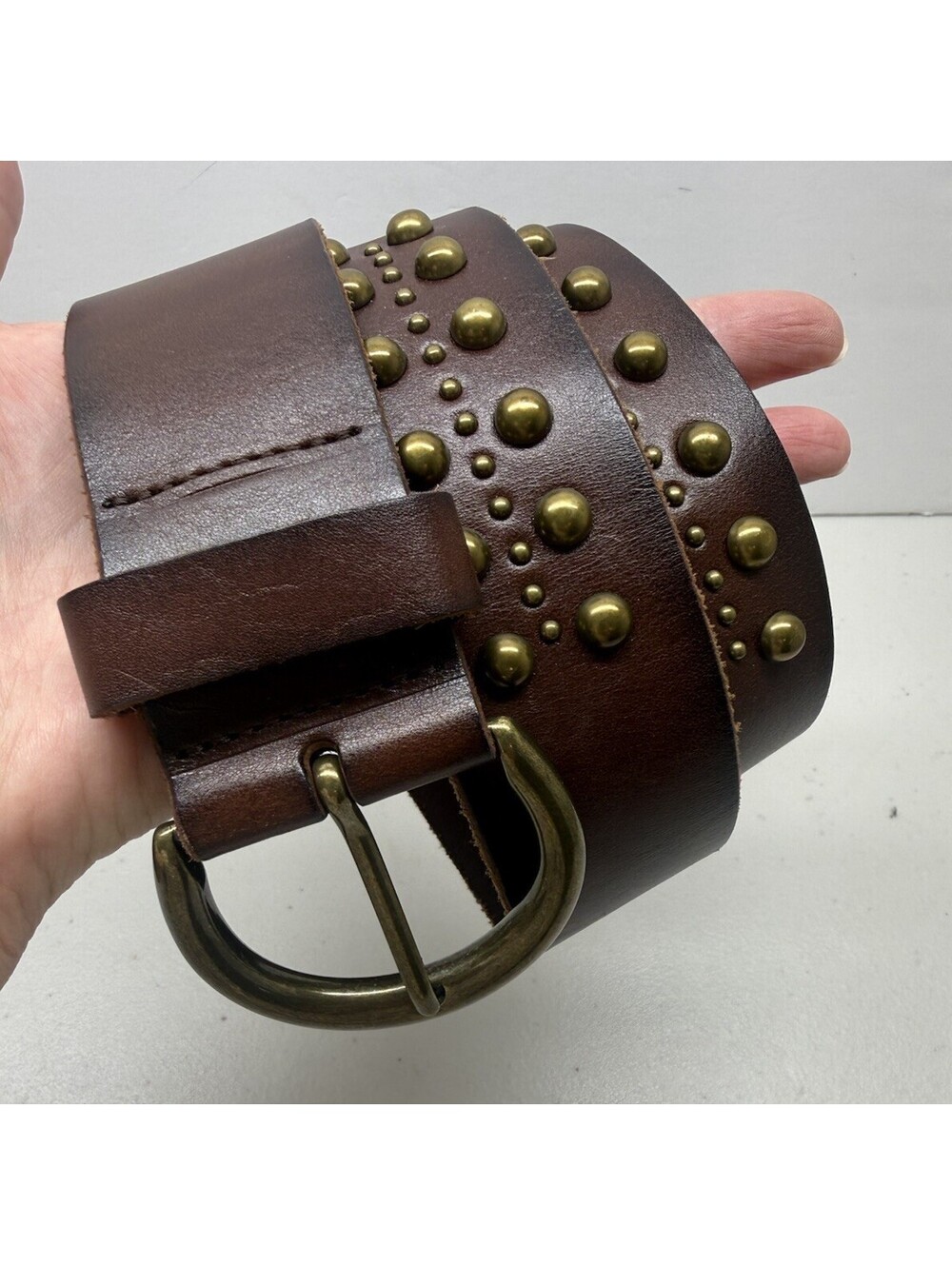 Lucky Brand Womens Small Brown Leather Belt Dark Brass Buckle and Rounded Studs